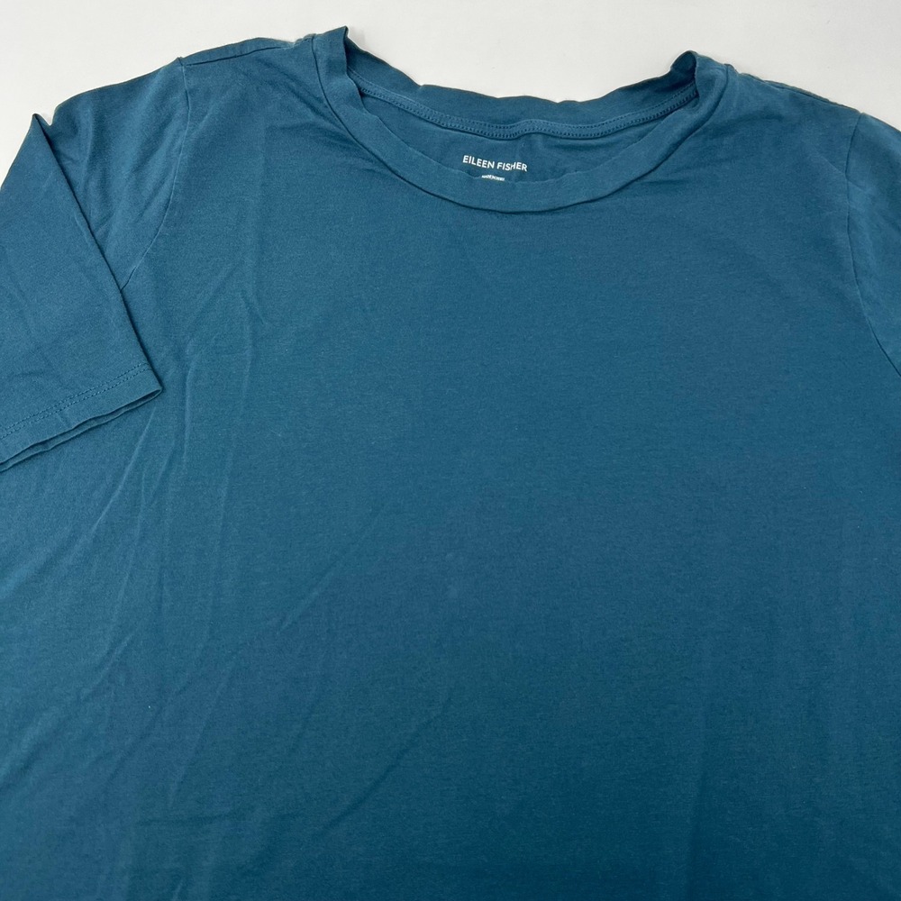 Eileen Fisher Organic Pima Cotton Jersey Long Tee Teal Blue Large Side Slits